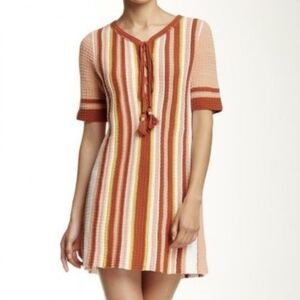 Free People LollyPop Knit Retro Mini V-Neck Dress Sunset Combo Stripe Size Small